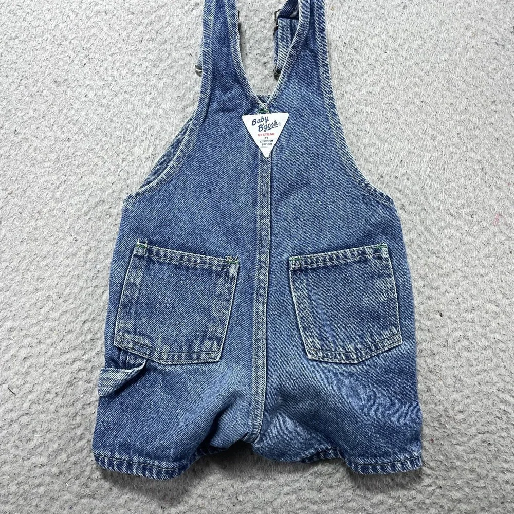 VTG OshKosh B'gosh Overalls Infant Boys 12M Blue Denim Shortall Bib Pocket Snap